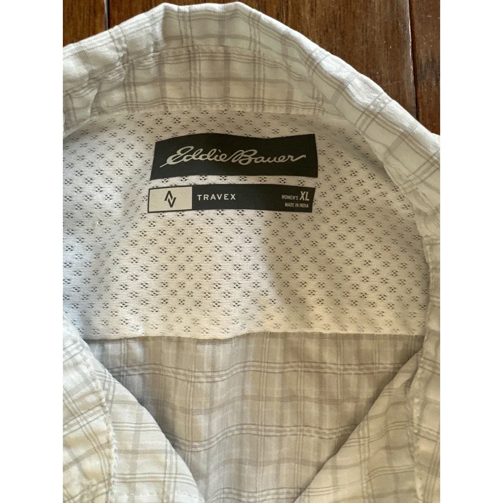 Eddie Bauer Travex Womens XL White Grey Grid Button Down Roll Tab Hiking Shirt - Picture 2 of 4